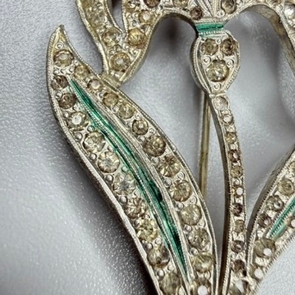 VTG Art Deco Pot Metal Floral Brooch c. 1930s Large Silver Tone Rhinestones - Picture 3 of 8